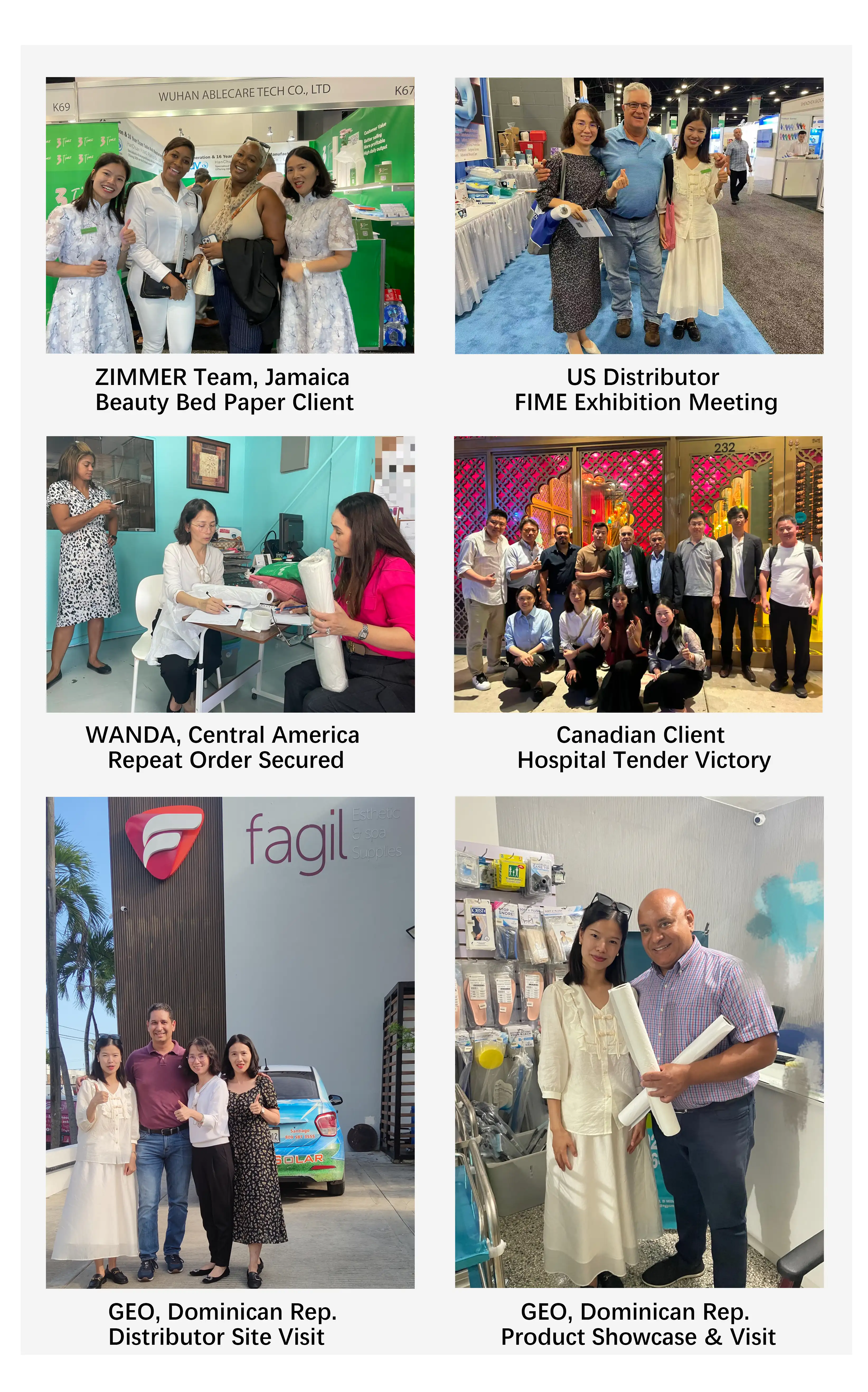 ZIMMER Team, Jamaica Beauty Bed Paper Client, US Distributor FIME Exhibition Meeting, WANDA, Central America Repeat Order Secured, Canadian Client Hospital Tender Victory, GEO, Dominican Rep. Distributor Site Visit